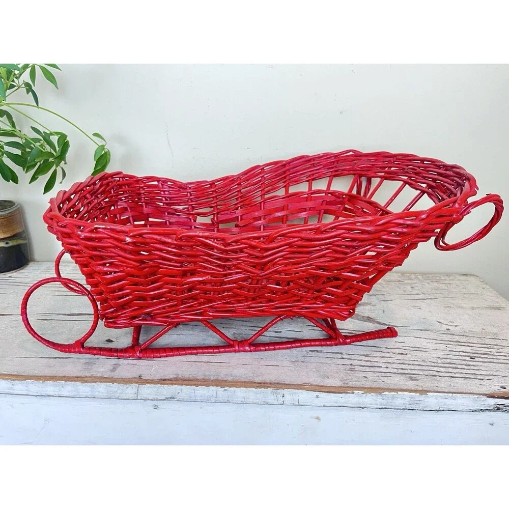 Vintage Rare Large Christmas Red Wicker Santa’s Sled Flower/Gifts Basket 18”